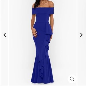 Betsy & Adam NWT Royal Blue Off Shoulder Ruffle Front Gown